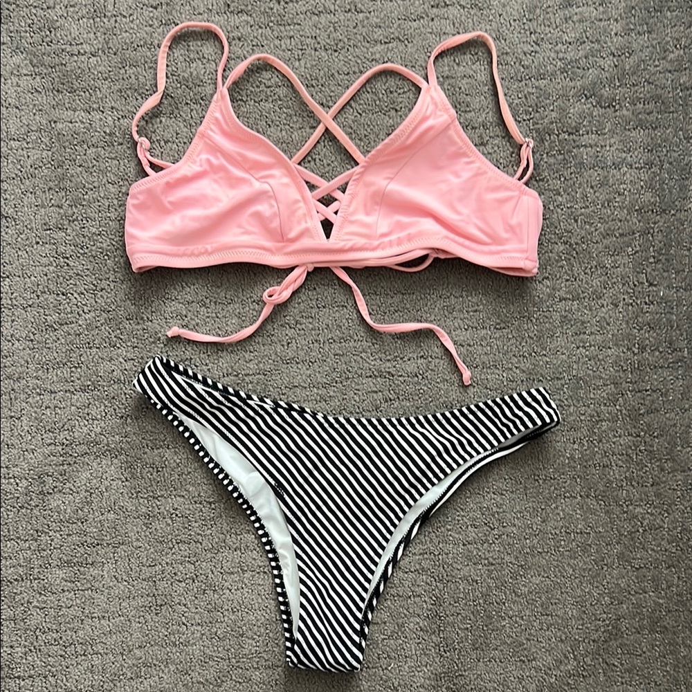 Pink Bikini Top and Striped Bottom Set